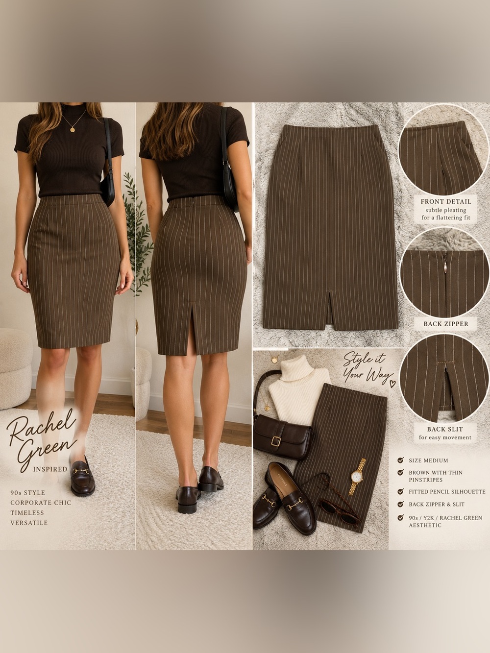 Green Inspired Brown Pinstripe Fitted Pencil Skirt